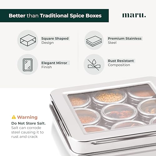 MARU 9 Square Masala Box for Kitchen Steel, 140ml Each Round Containers with See-Through Lids, Airtight Popula Dabba, Multipurpose Storage Organiser for Spices, Dry Fruits, Mukhwas & More, Silver - Image 4