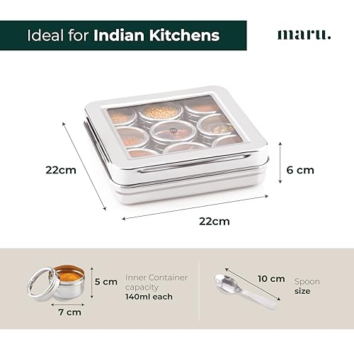 MARU 9 Square Masala Box for Kitchen Steel, 140ml Each Round Containers with See-Through Lids, Airtight Popula Dabba, Multipurpose Storage Organiser for Spices, Dry Fruits, Mukhwas & More, Silver - Image 2