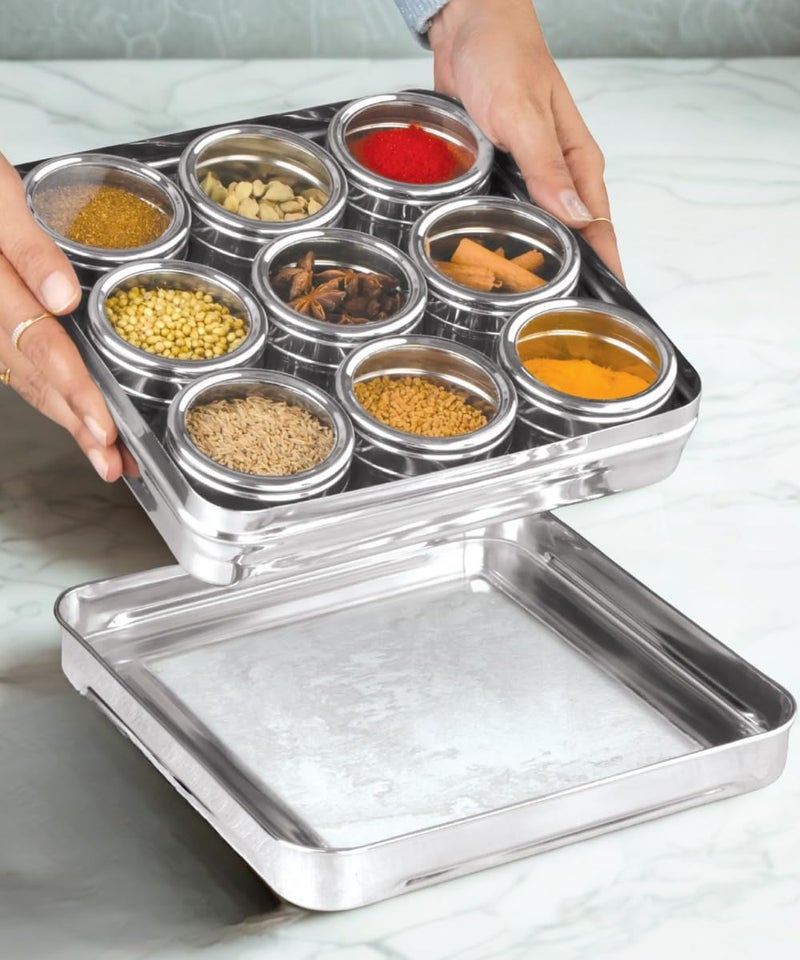 MARU 9 Square Masala Box for Kitchen Steel, 140ml Each Round Containers with See-Through Lids, Airtight Popula Dabba, Multipurpose Storage Organiser for Spices, Dry Fruits, Mukhwas & More, Silver - Image 1
