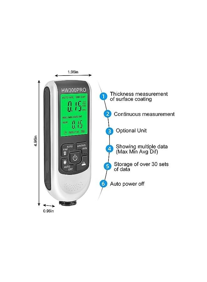 PROMASS Coating Thickness Gauge with Digital LCD Display, , Metal Coating Test Meter, Auto Measuring Range 0 to 2000um for Car Paint Tester, Small Size with Backlight Display - Image 4
