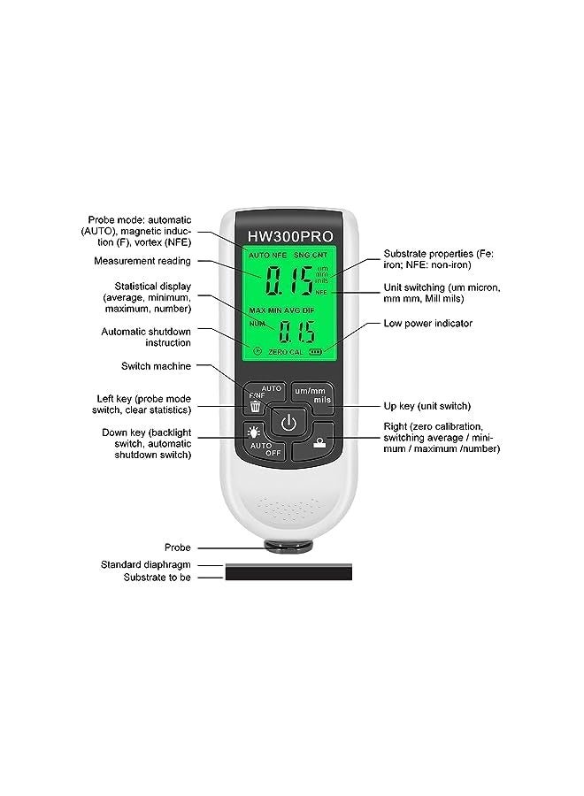 PROMASS Coating Thickness Gauge with Digital LCD Display, , Metal Coating Test Meter, Auto Measuring Range 0 to 2000um for Car Paint Tester, Small Size with Backlight Display - Image 5
