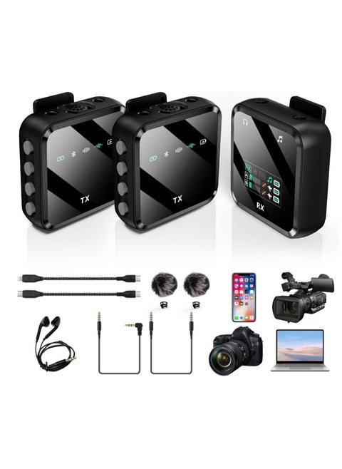 Wireless Lavalier Microphone, 2.4G lavalier microphone wireless (2TX + 1RX), For iPhone/Android, Professional Recording Mini Microphone for Interview YouTube Facebook Live-stream