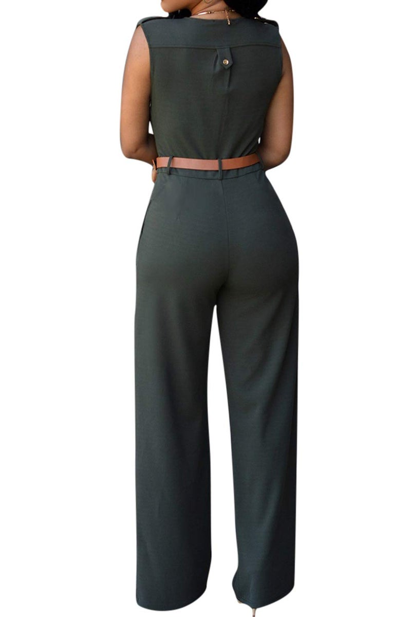Pink Queen Women's Jumpsuits Green Sleeveless Deep V Neck Long Jumpsuits Rompers Dark Green Medium - Image 3