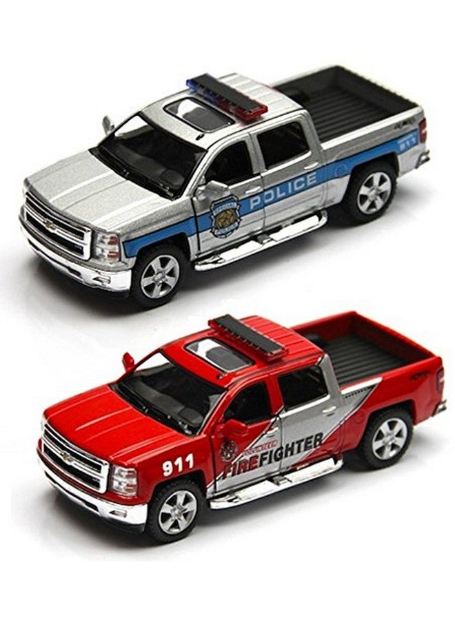 KiNSMART 2014 Chevrolet Silverado 1:46 Scale 5 Inch Police & Firefighter Pick-up Truck (2 Set) - Image 1