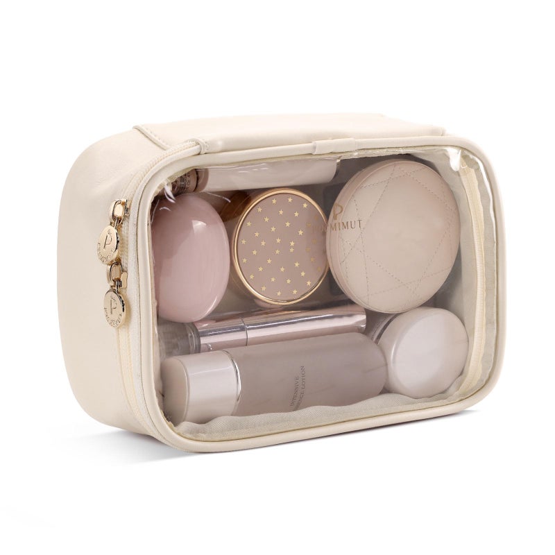 Pocmimut Makeup Bag Small Makeup Bag Tsa Approved Clear Toiletry Bag Makeup Case Pouches Car Accessories Storage For Women Travel Essentials Organizers Beige - Image 1
