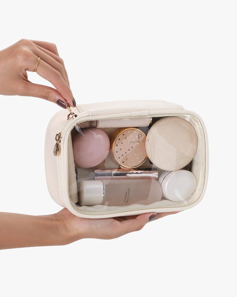 Pocmimut Makeup Bag Small Makeup Bag Tsa Approved Clear Toiletry Bag Makeup Case Pouches Car Accessories Storage For Women Travel Essentials Organizers Beige - Image 4