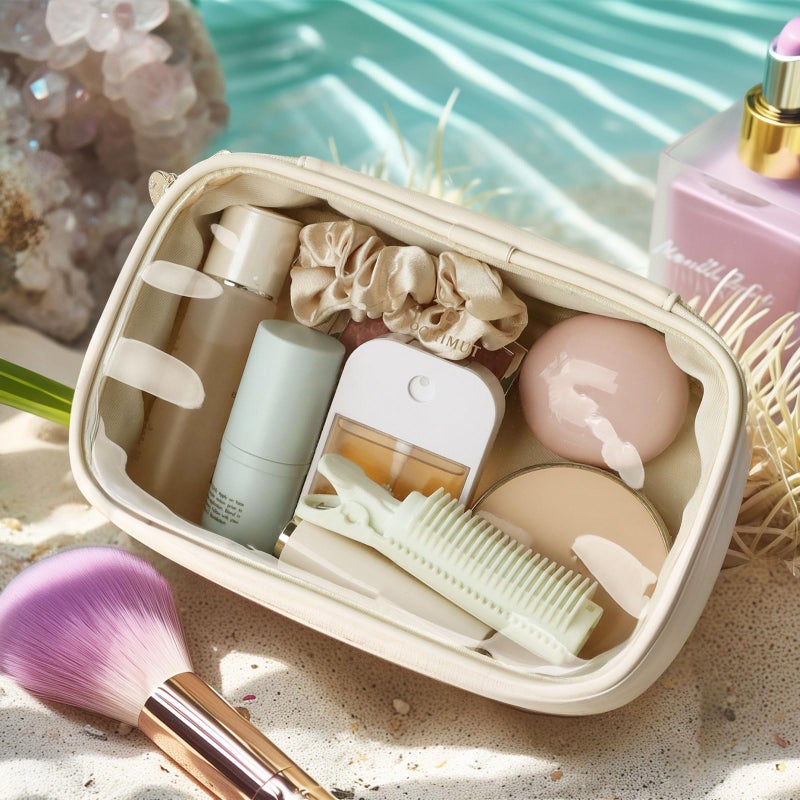 Pocmimut Makeup Bag Small Makeup Bag Tsa Approved Clear Toiletry Bag Makeup Case Pouches Car Accessories Storage For Women Travel Essentials Organizers Beige - Image 5