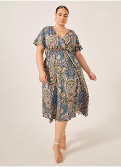 Styli Plus Size All-Over Printed Wrap Look A-Line Midi Dress  - Image 2