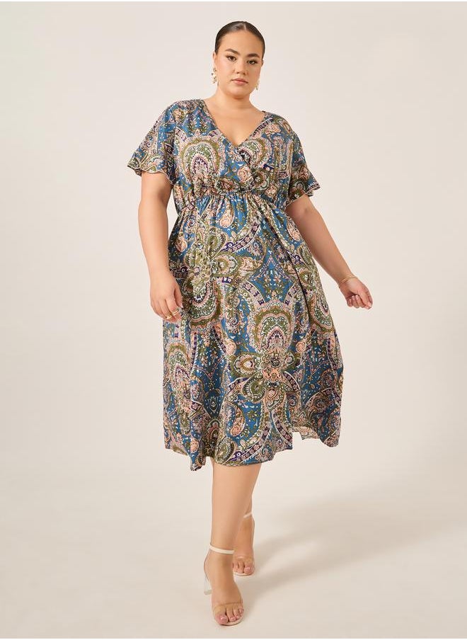 Styli - Plus Size All-Over Printed Wrap Look A-Line Midi Dress - Image 1