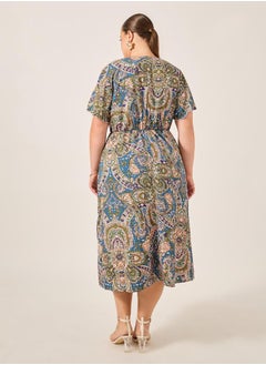 Styli Plus Size All-Over Printed Wrap Look A-Line Midi Dress  - Image 5