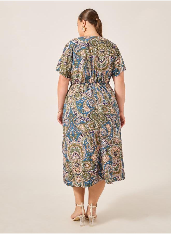 Styli - Plus Size All-Over Printed Wrap Look A-Line Midi Dress - Image 1
