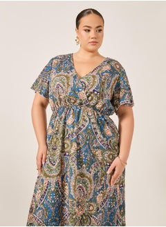Styli Plus Size All-Over Printed Wrap Look A-Line Midi Dress  - Image 3