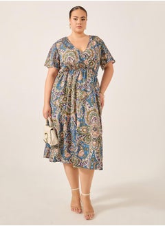 Styli Plus Size All-Over Printed Wrap Look A-Line Midi Dress  - Image 1