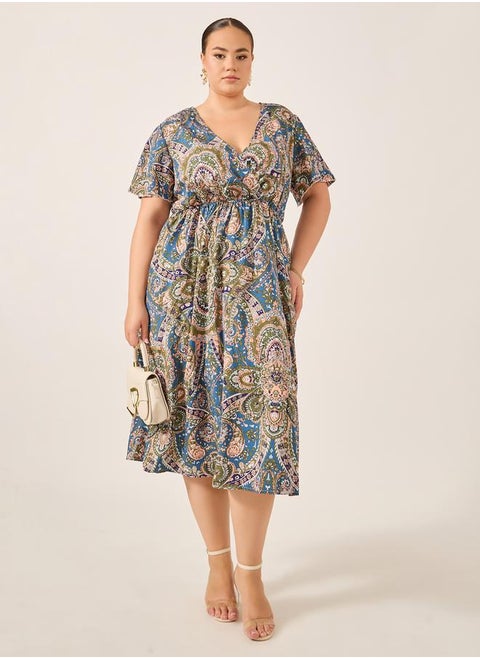 Plus Size All-Over Printed Wrap Look A-Line Midi Dress