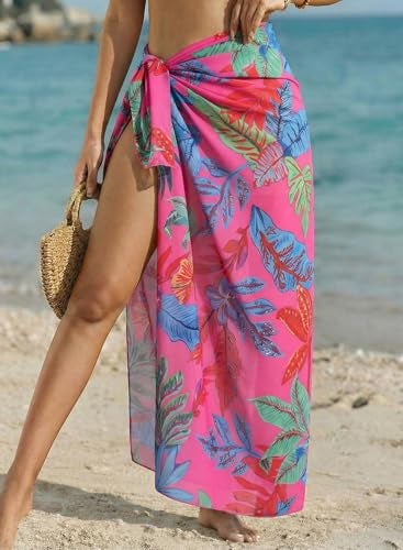 Herseas Womens Swim Cover Up Sheer Sarong One Size Rose Tropical Leaf Print 2026 Summer Swimsuit Coverups Lace Up Side Wraps High Slit Flowy Breathable Soft Vacation Essentials - Image 5