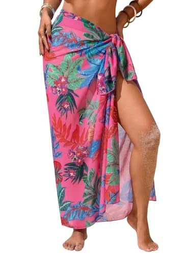 Herseas Womens Swim Cover Up Sheer Sarong One Size Rose Tropical Leaf Print 2026 Summer Swimsuit Coverups Lace Up Side Wraps High Slit Flowy Breathable Soft Vacation Essentials - Image 1