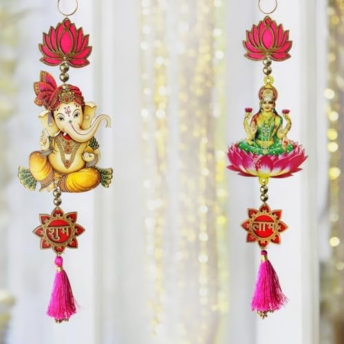 9Dzine Shubh Labh Lotus Laxmi Ganesh Hanging – 1 Pair | Gudi Padwa Decoration for Home | Traditional Toran for Main Door Entrance, Pooja Room & Mandir | Lotus Hanging for Festival & Home Décor - Image 2