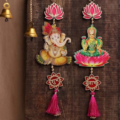 9Dzine Shubh Labh Lotus Laxmi Ganesh Hanging – 1 Pair | Gudi Padwa Decoration for Home | Traditional Toran for Main Door Entrance, Pooja Room & Mandir | Lotus Hanging for Festival & Home Décor - Image 1