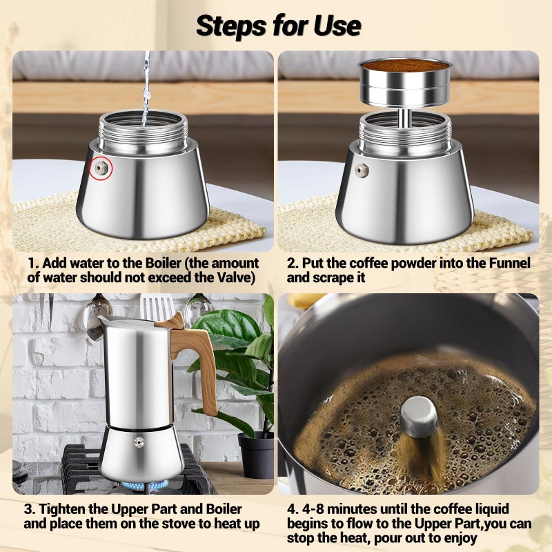 Vaolvpant No Coating 6 Cup Moka Pot Thickened 304 Stainless Steel Stovetop Espresso Coffee Maker 300ml 10.1oz Mocha Percolator Greca Cuban Ideal for Making Rich Authentic Italian CafÃ© - Image 5