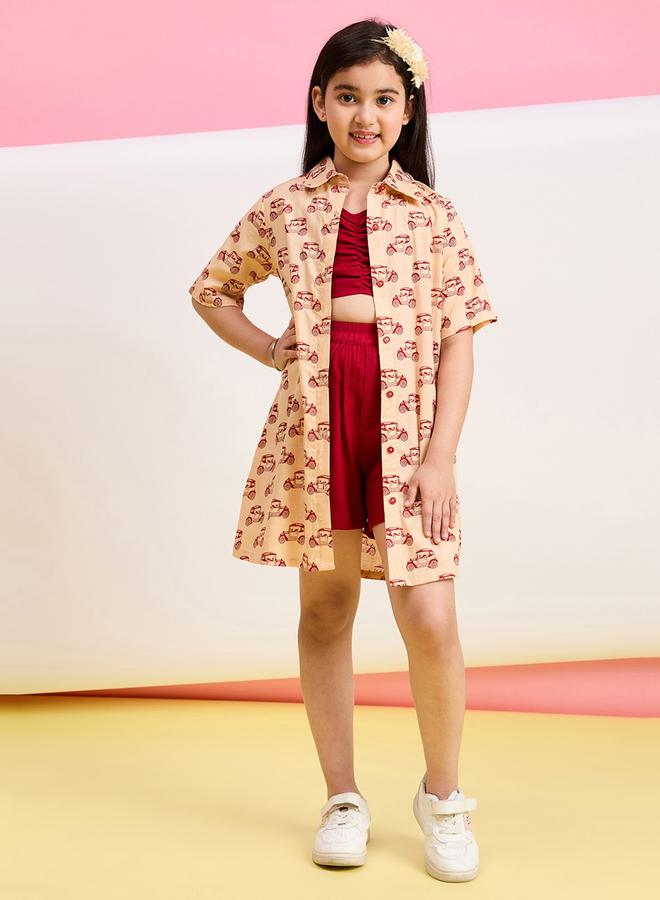 ستايلو بج طقم 3 قطع: تي شيرت بطبعة جرافيك سيارة، كروب توب وشورت سادة من ستايلي - Image 1