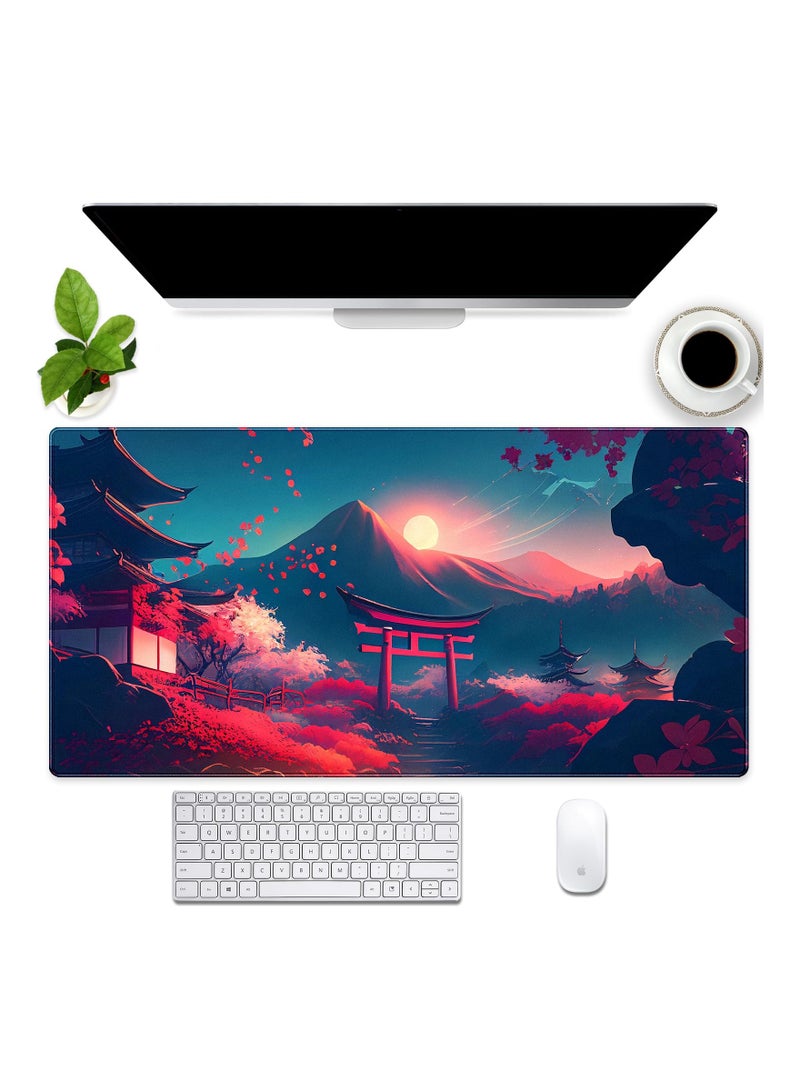 Anime Art Desk Mat Large Gaming Mouse Pad Pink Japanese Cherry Blossom Theme Aesthetic Mousepad Computer Laptop with Durable Stitched Edge Non Slip Rubber Base 31.5''X15.7'' - Image 1