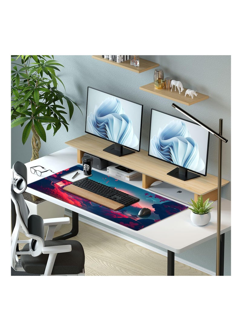 Anime Art Desk Mat Large Gaming Mouse Pad Pink Japanese Cherry Blossom Theme Aesthetic Mousepad Computer Laptop with Durable Stitched Edge Non Slip Rubber Base 31.5''X15.7'' - Image 2