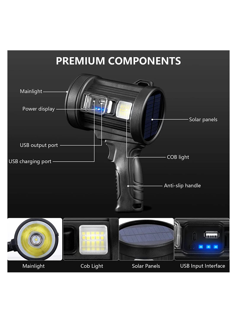 Rechargeable High Brightness 1700 Lumen LED Handheld Flashlight with Large Solar Searchlight Cob Light Six Modes Four Color Options IPX5 Waterproof for Hunting and Camping - Image 3