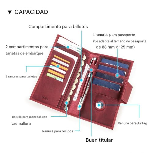 CONTACTS Full Grain Leather Family Passport Holder for 4 Womens Airtag Passport Wallet RFID Blocking Travel Passport Cover with 4 Passport Slot, 6 Card Slot (Red) - Image 4