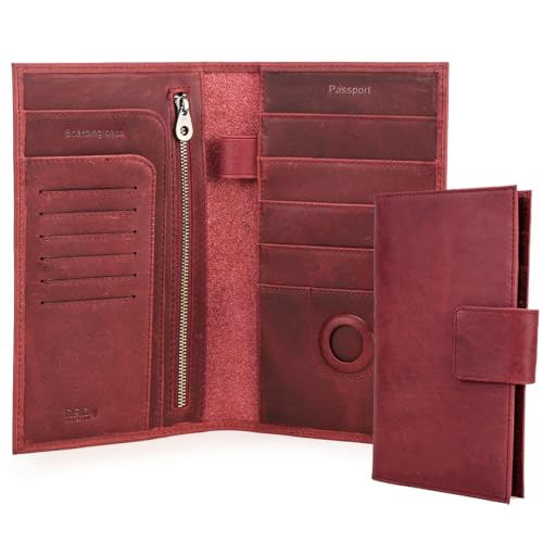 CONTACTS Full Grain Leather Family Passport Holder for 4 Womens Airtag Passport Wallet RFID Blocking Travel Passport Cover with 4 Passport Slot, 6 Card Slot (Red) - Image 1