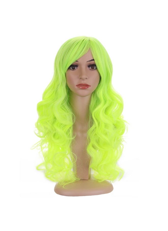 BERON - Green Wig Long Wavy Wig Neon Green Wig With Bangs For Women Bright Green Wig Long Curly Wig Green Synthetic Wig With Wig Cap - Image 1