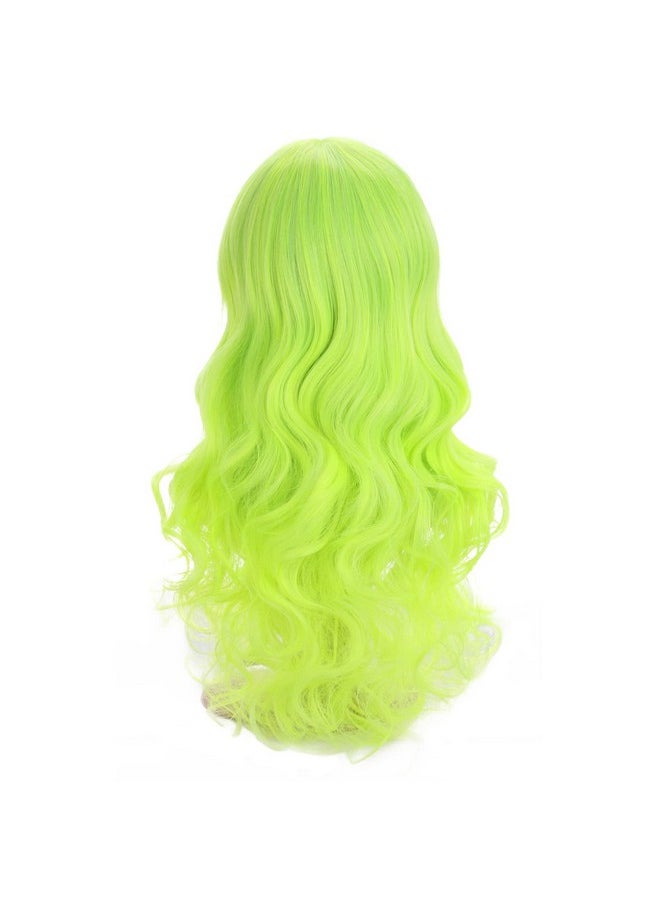 BERON - Green Wig Long Wavy Wig Neon Green Wig With Bangs For Women Bright Green Wig Long Curly Wig Green Synthetic Wig With Wig Cap - Image 1