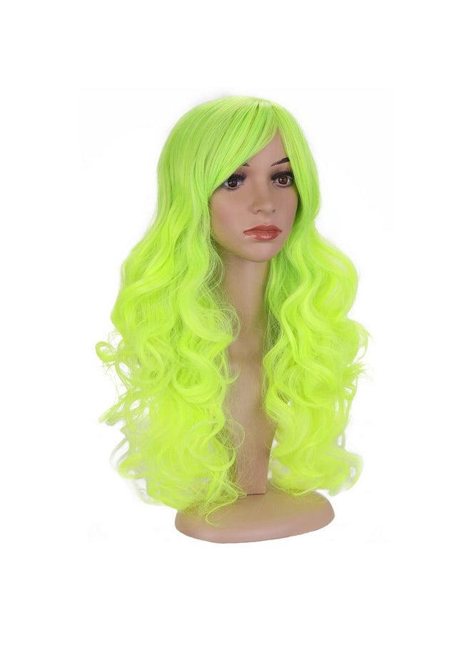 BERON - Green Wig Long Wavy Wig Neon Green Wig With Bangs For Women Bright Green Wig Long Curly Wig Green Synthetic Wig With Wig Cap - Image 1