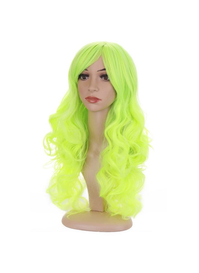 BERON - Green Wig Long Wavy Wig Neon Green Wig With Bangs For Women Bright Green Wig Long Curly Wig Green Synthetic Wig With Wig Cap - Image 1