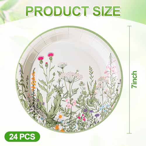 AimFun Wildflower Party Plates 7 Floral Paper Plates Spring Summer Botanical Green Leaves Herbs Vintage Garden Disposable Decorative Dessert Plates 24 Vintage Floral - Image 5