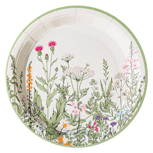 AimFun Wildflower Party Plates 7 Floral Paper Plates Spring Summer Botanical Green Leaves Herbs Vintage Garden Disposable Decorative Dessert Plates 24 Vintage Floral - Image 2