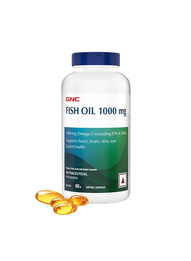 GNC Fish Oil 1000mg Omega-3 with 180mg EPA & 120mg DHA | 60 Softgels | For Heart, Brain, Joint & Vision Support | Ultra-Pure, & Enteric-Coated for No Fishy Aftertaste | USA Formulated - Image 1