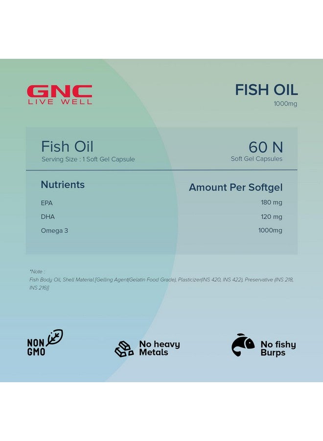 GNC Fish Oil 1000mg Omega-3 with 180mg EPA & 120mg DHA | 60 Softgels | For Heart, Brain, Joint & Vision Support | Ultra-Pure, & Enteric-Coated for No Fishy Aftertaste | USA Formulated - Image 3