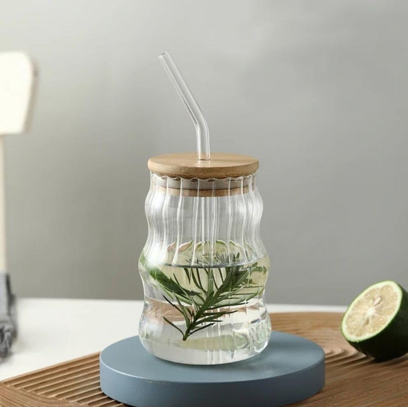 SKDBPM Juice Ice Drinks Glass Can Mug with Straw for MilkCoffeeGreen Tea Cup Set of 500ml Transparent Can Shape Mug Pack of 1Multi Design Round Triangle LID Mug - Image 1