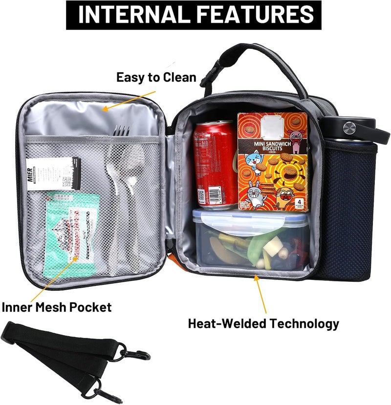 MIER Expandable Lunch Bag Insulated Lunch Box for Men to Work Travel Portable Lunchbox Bags with Shoulder Strap and Water Bottle Holder(Grey/Orange) - Image 2
