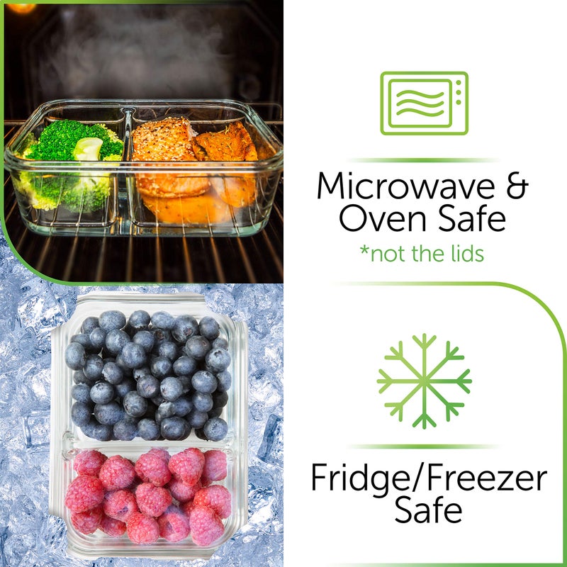 Prep Naturals 36oz Glass Meal Prep Containers - Airtight Glass Food Storage Containers with Lids - Dishwasher, Microwave & Oven Safe Meal Prep Bowls - Pack of 5, 36 Oz, 2-Compartment, Clear - Image 5