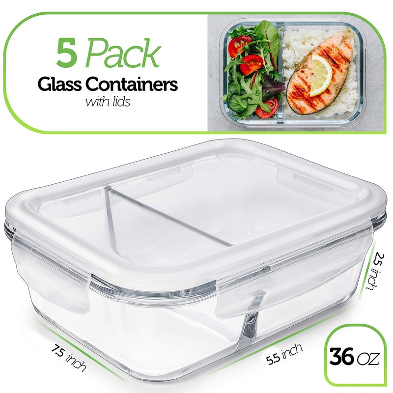 Prep Naturals 36oz Glass Meal Prep Containers - Airtight Glass Food Storage Containers with Lids - Dishwasher, Microwave & Oven Safe Meal Prep Bowls - Pack of 5, 36 Oz, 2-Compartment, Clear - Image 2