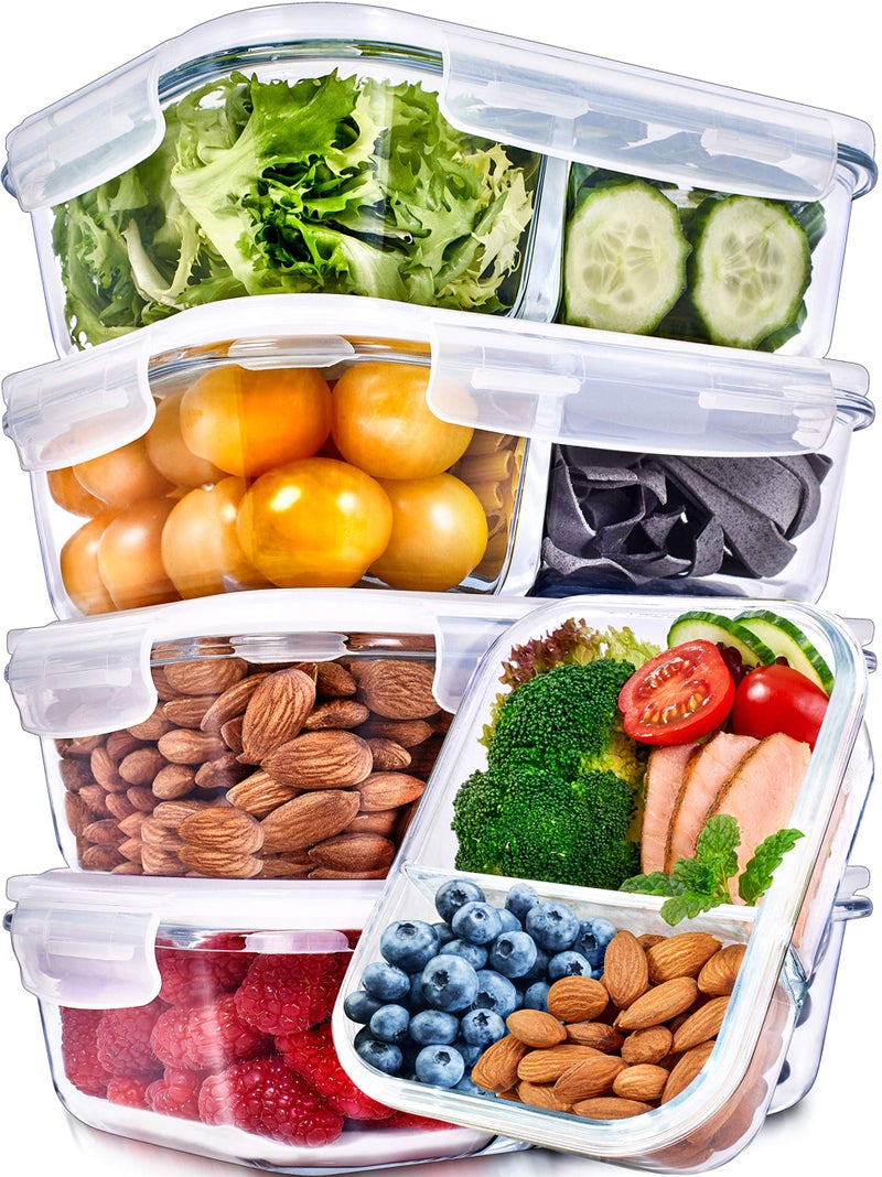 Prep Naturals 36oz Glass Meal Prep Containers - Airtight Glass Food Storage Containers with Lids - Dishwasher, Microwave & Oven Safe Meal Prep Bowls - Pack of 5, 36 Oz, 2-Compartment, Clear - Image 1