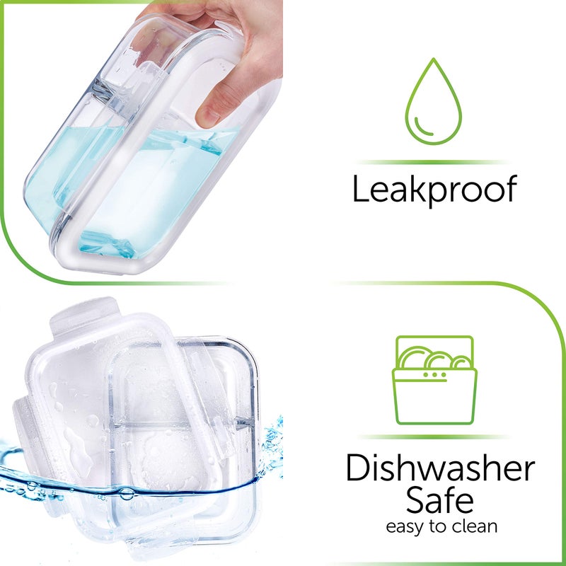 Prep Naturals 36oz Glass Meal Prep Containers - Airtight Glass Food Storage Containers with Lids - Dishwasher, Microwave & Oven Safe Meal Prep Bowls - Pack of 5, 36 Oz, 2-Compartment, Clear - Image 4