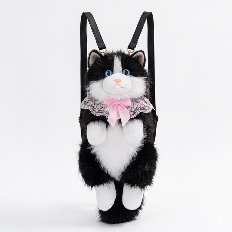 Kiddoz Realistic Cat Plush Backpack with Adjustable Straps & Zipper Closure - Black | Faux Fur Animal Backpack, Suitable for daily use and casual fashion, Travel, Cat Lovers, Birthday Gifts, New Year Gifts - Image 1