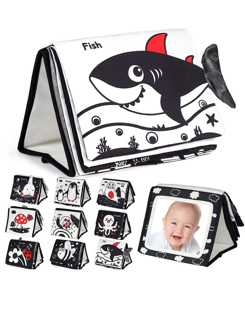 Soofam - Black and White Baby Toys for 0-6 Months, Infant Tummy-time Soft Crinkle Activity Book with Huge Baby Safe Mirror, 3D Activities Brain Development Toys(Black and White Infant Tummy Time) - Image 1