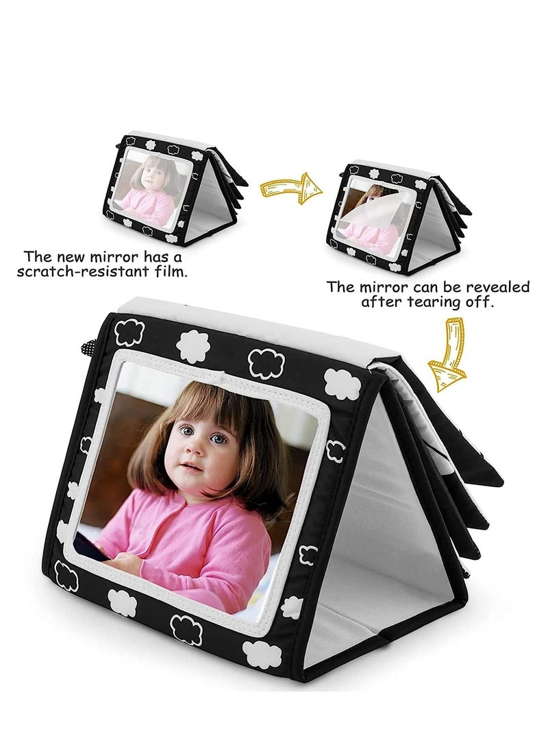 Soofam - Black and White Baby Toys for 0-6 Months, Infant Tummy-time Soft Crinkle Activity Book with Huge Baby Safe Mirror, 3D Activities Brain Development Toys(Black and White Infant Tummy Time) - Image 1