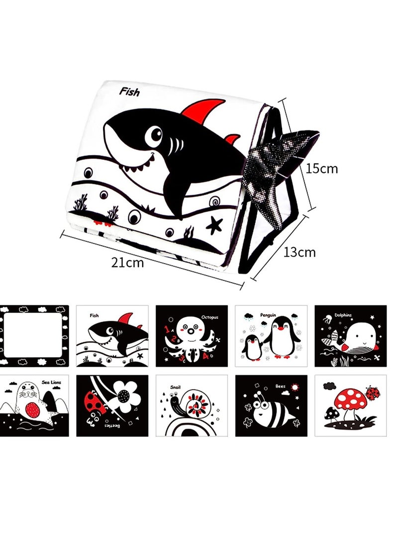 Soofam - Black and White Baby Toys for 0-6 Months, Infant Tummy-time Soft Crinkle Activity Book with Huge Baby Safe Mirror, 3D Activities Brain Development Toys(Black and White Infant Tummy Time) - Image 1