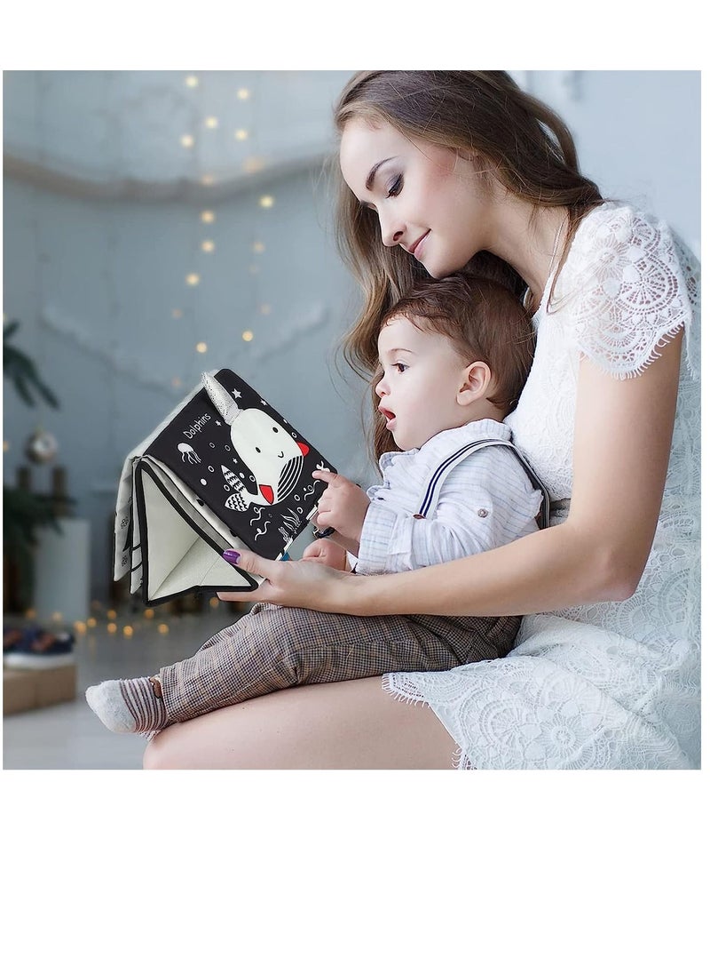 Soofam - Black and White Baby Toys for 0-6 Months, Infant Tummy-time Soft Crinkle Activity Book with Huge Baby Safe Mirror, 3D Activities Brain Development Toys(Black and White Infant Tummy Time) - Image 1