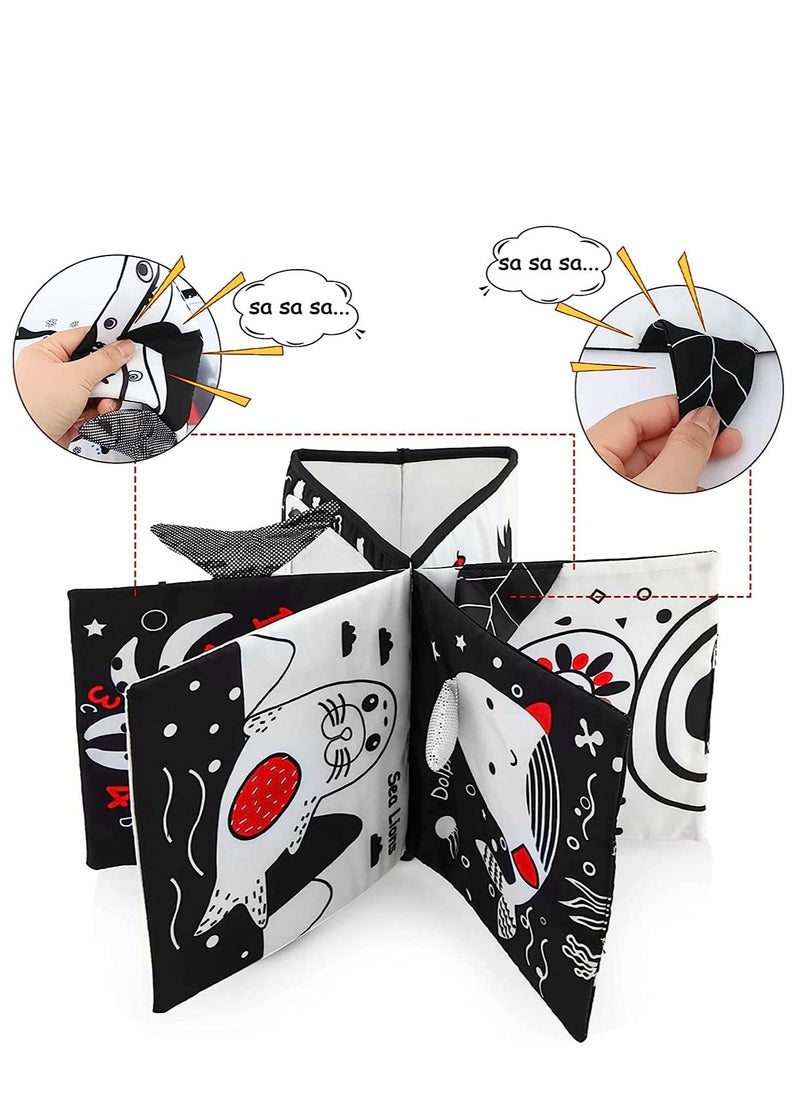 Soofam - Black and White Baby Toys for 0-6 Months, Infant Tummy-time Soft Crinkle Activity Book with Huge Baby Safe Mirror, 3D Activities Brain Development Toys(Black and White Infant Tummy Time) - Image 1