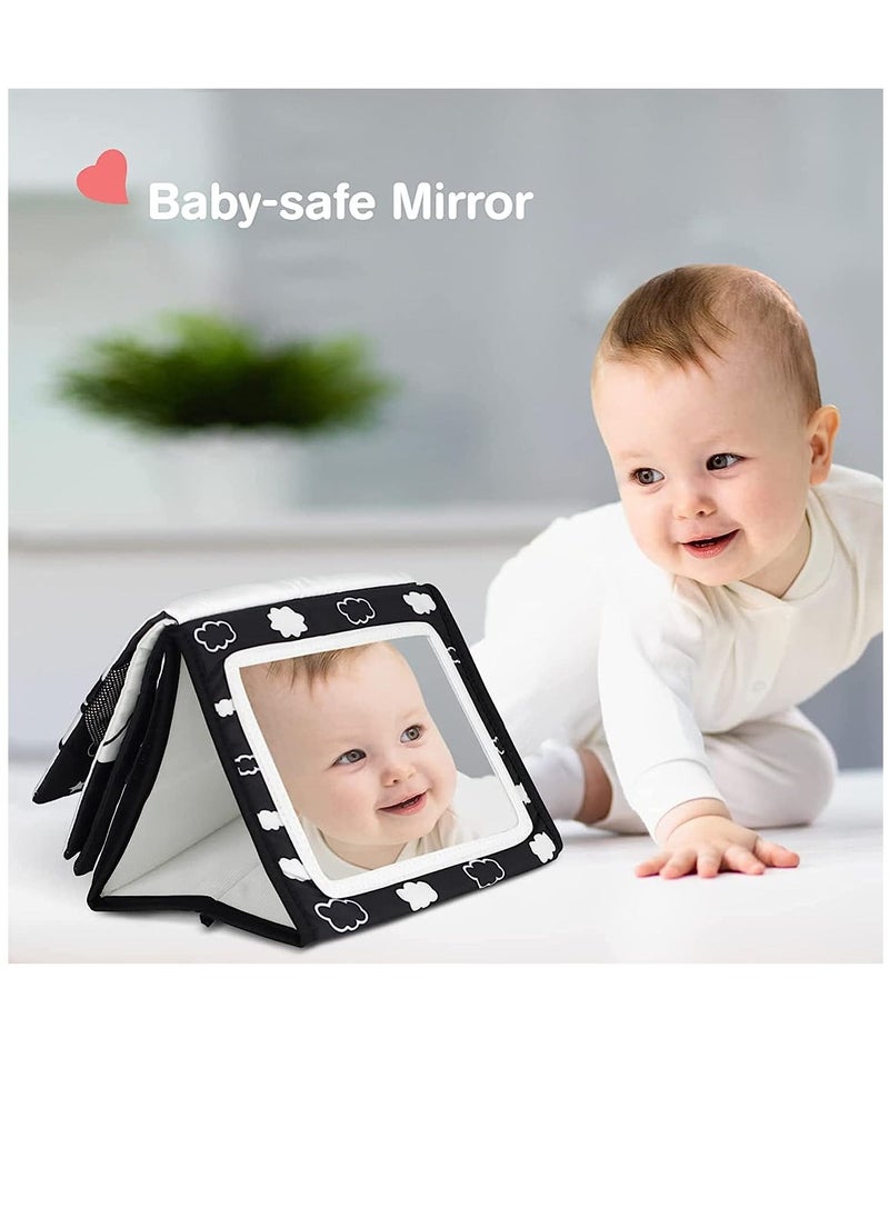 Soofam - Black and White Baby Toys for 0-6 Months, Infant Tummy-time Soft Crinkle Activity Book with Huge Baby Safe Mirror, 3D Activities Brain Development Toys(Black and White Infant Tummy Time) - Image 1